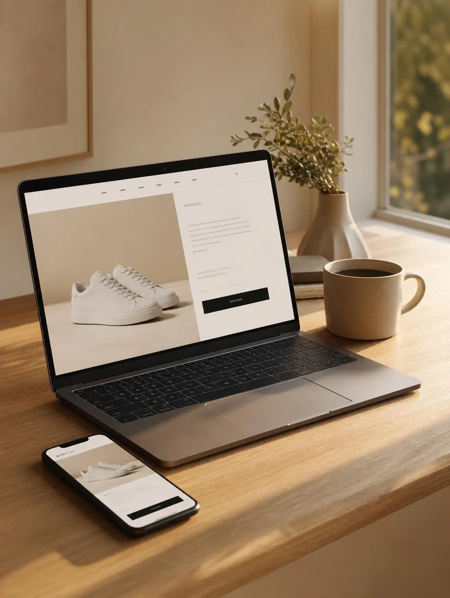 A laptop and phone showing a clean brand website on a sunny desk, AI-generated