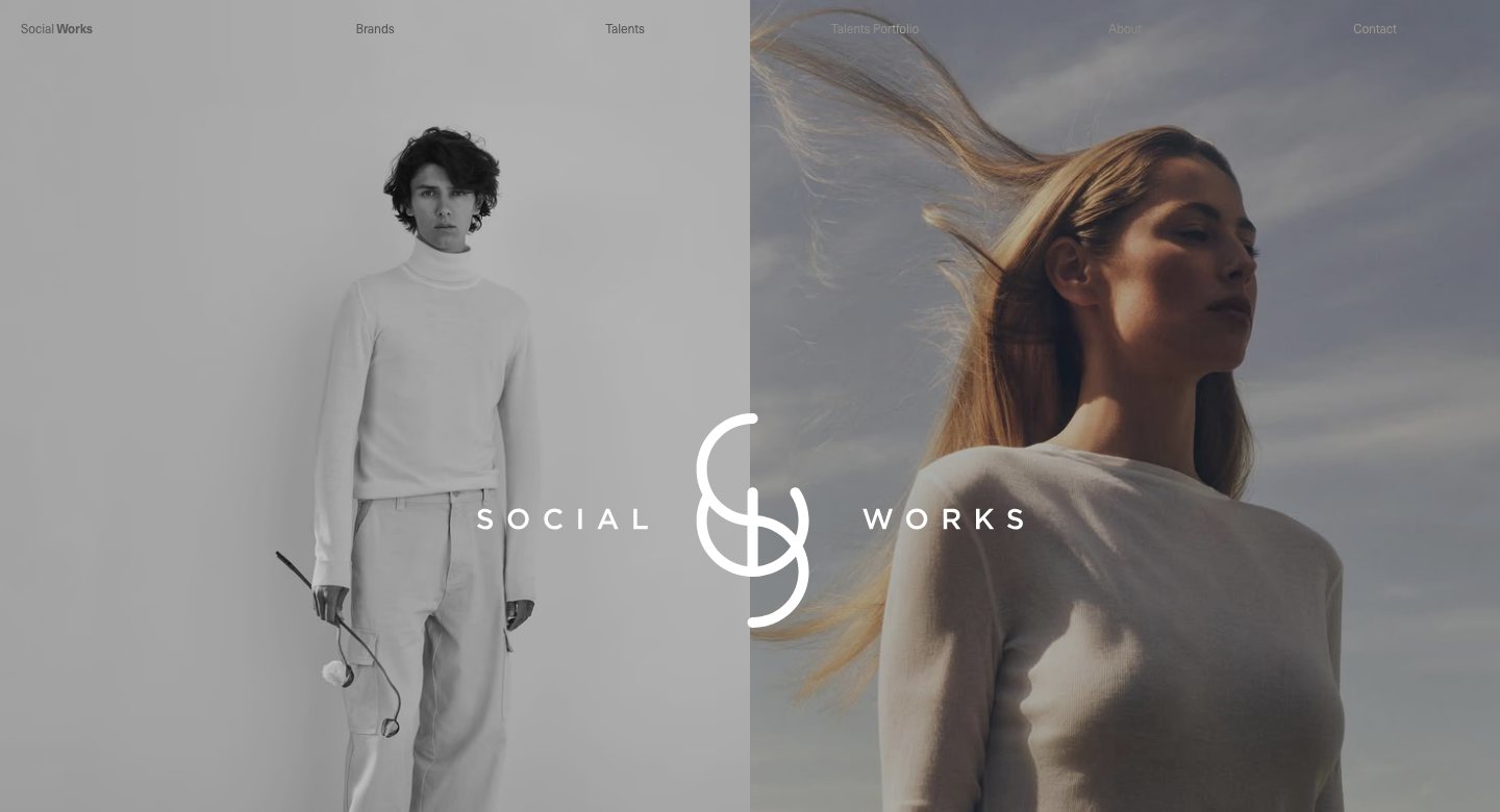 Social Works homepage on a laptop: a split-screen entry with a talent on the left for brands and a model on the right for talents, the Social Works monogram in the centre
