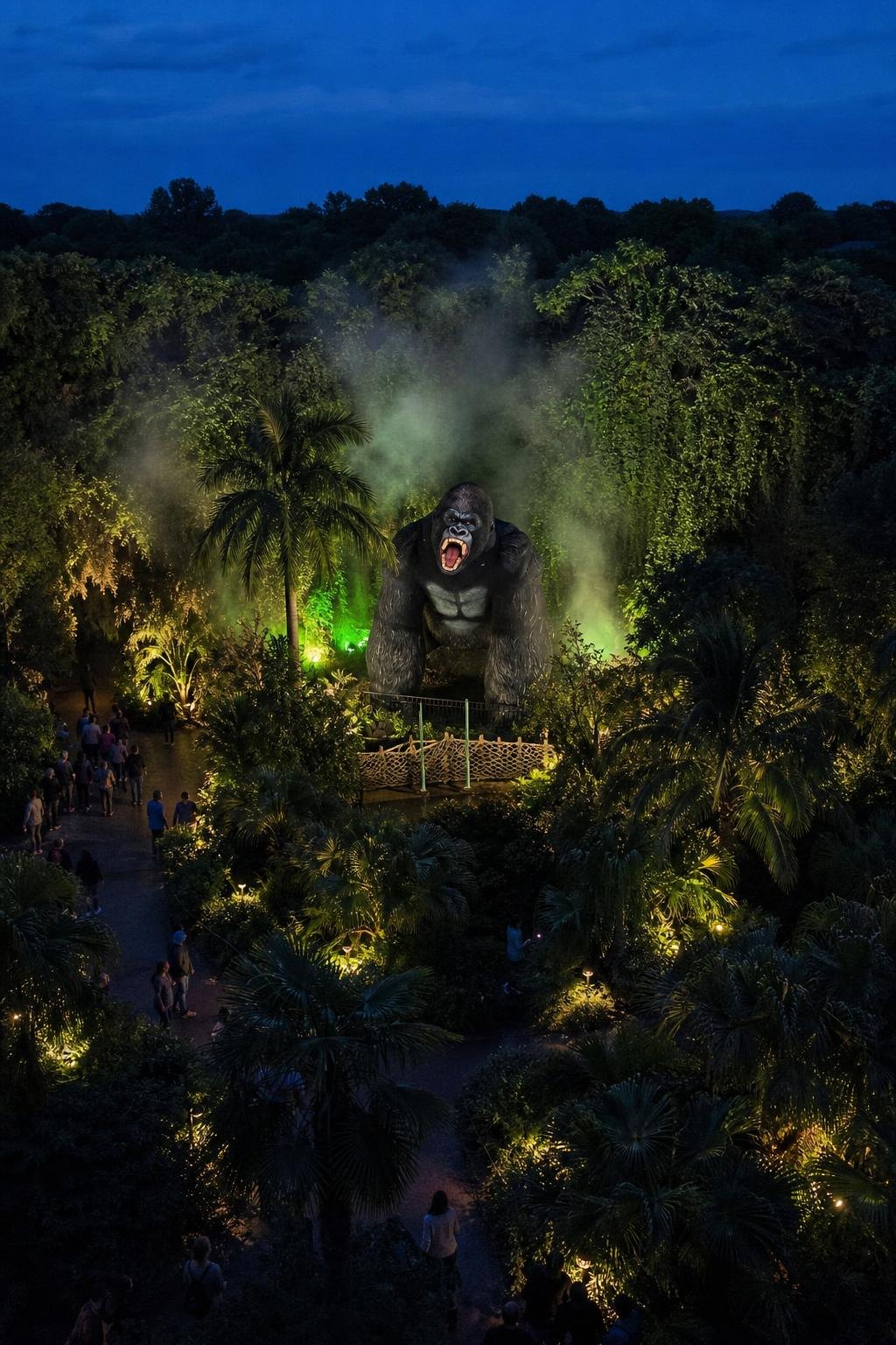 Wide evening view of the jungle set with the lit gorilla inflatable and visitors on the paths