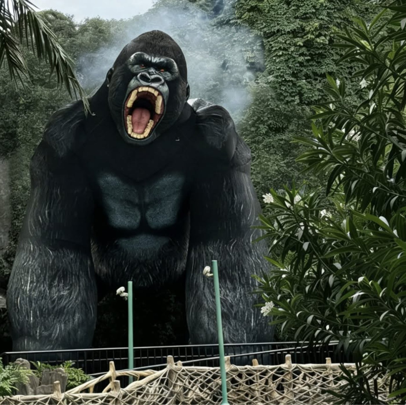 Giant black gorilla inflatable roaring in a jungle set