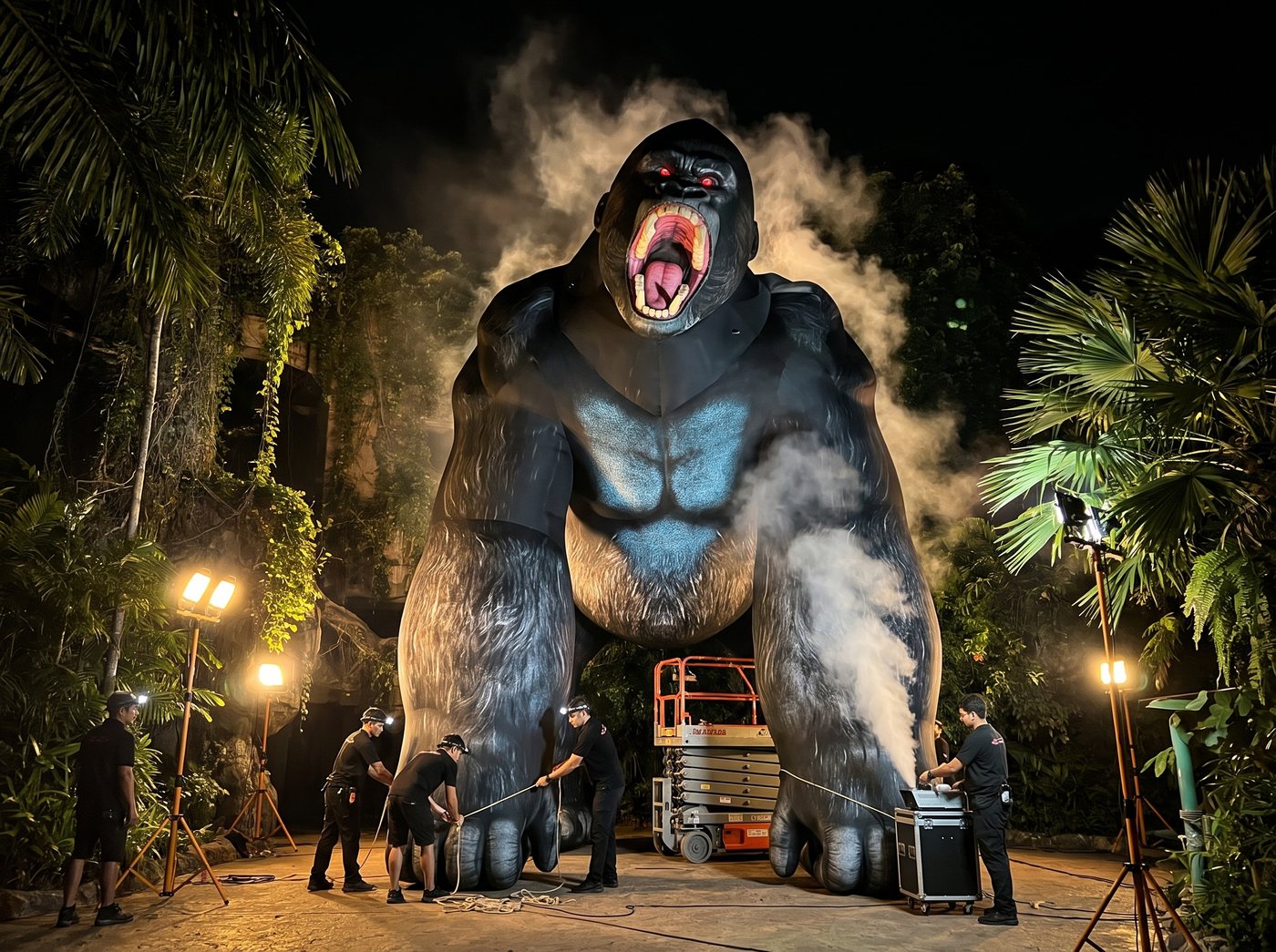 Crew installing the gorilla inflatable at night