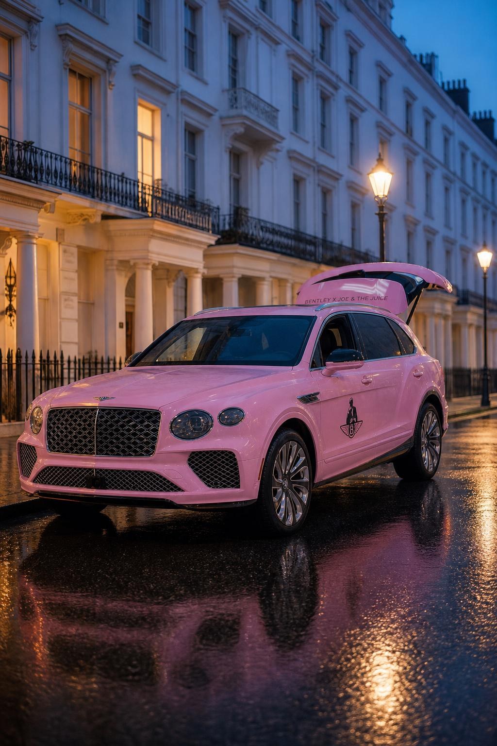The pink Bentayga at blue hour on a London street, tailgate open