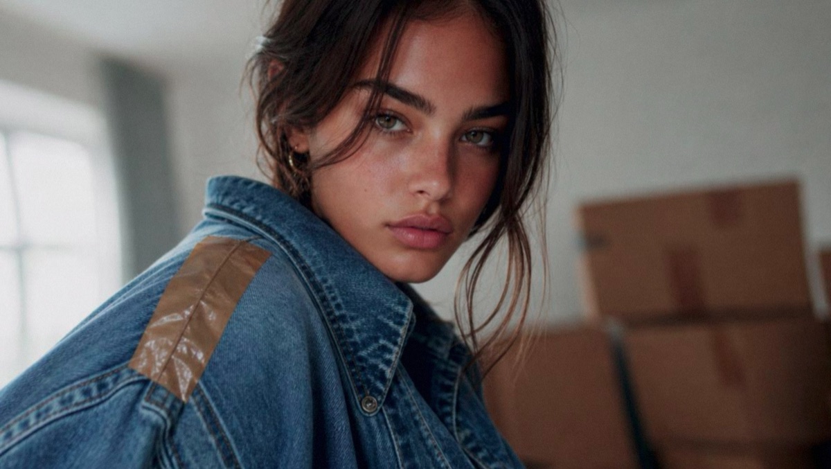 Close-up portrait in a denim jacket with packing tape