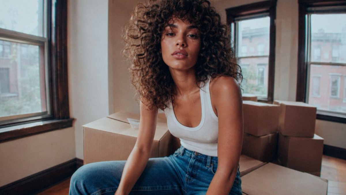 Curly-haired model sitting on moving boxes