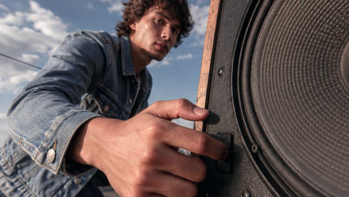 Hand flicking the power switch on a big speaker