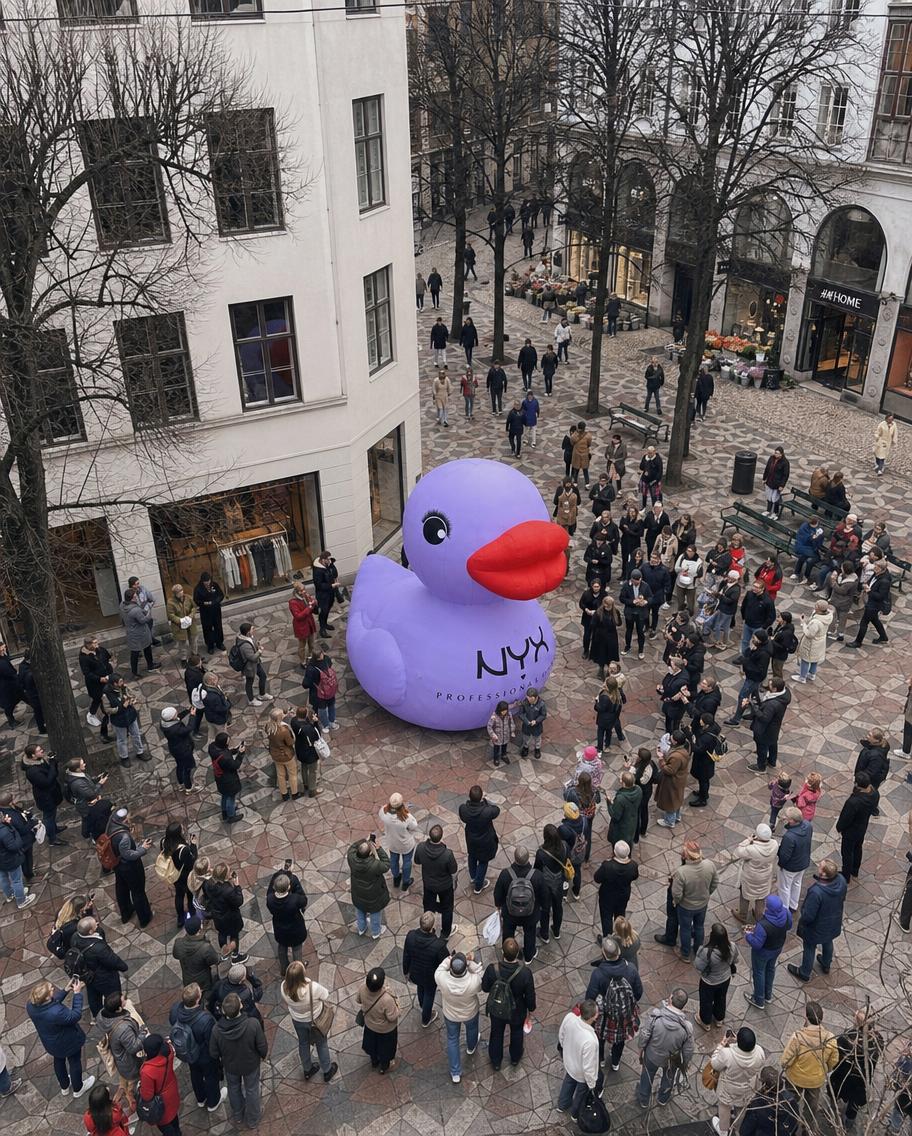 AI-generated aerial view of the NYX duck holding a crowded square