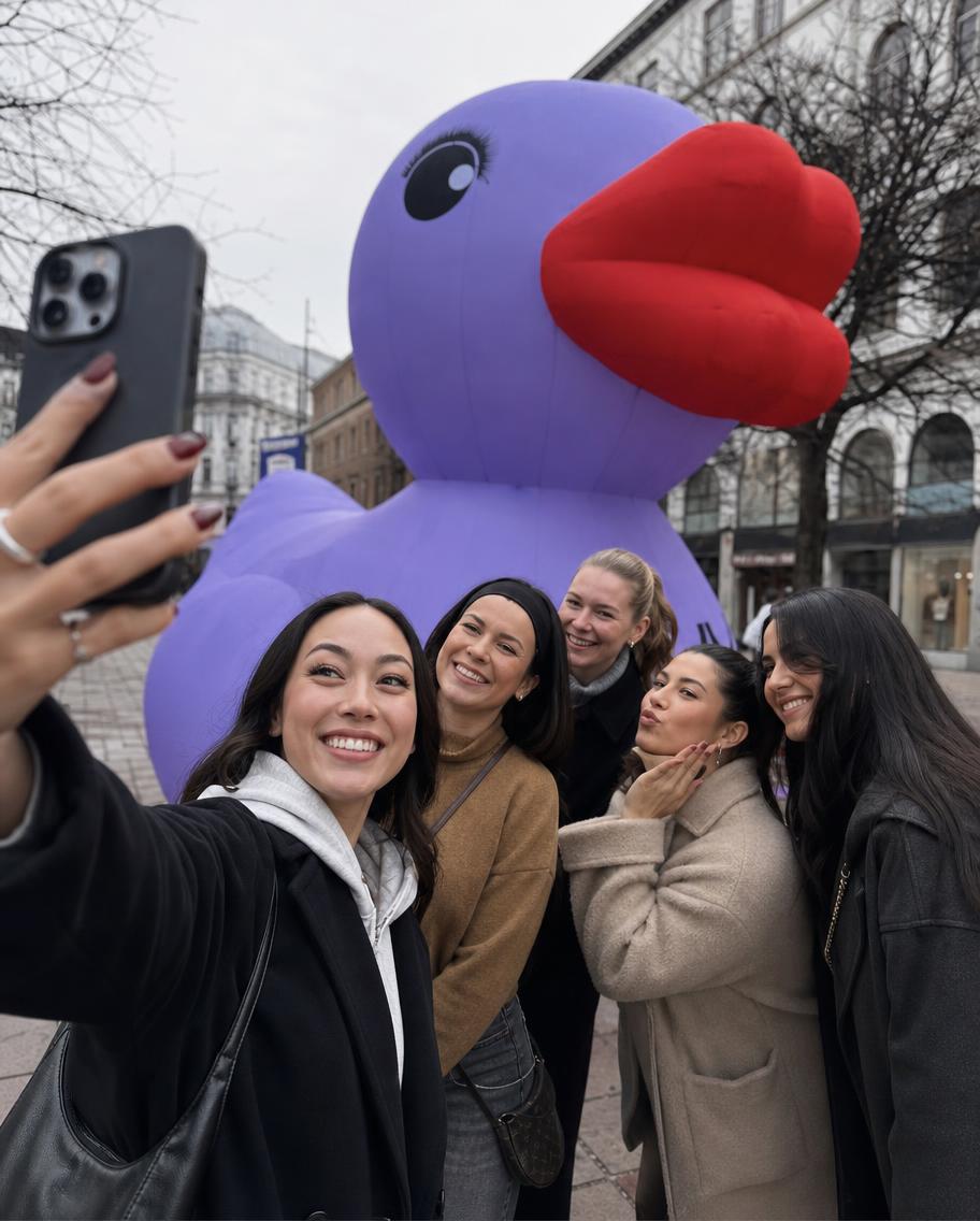AI-generated visual of friends taking a selfie in front of the NYX duck
