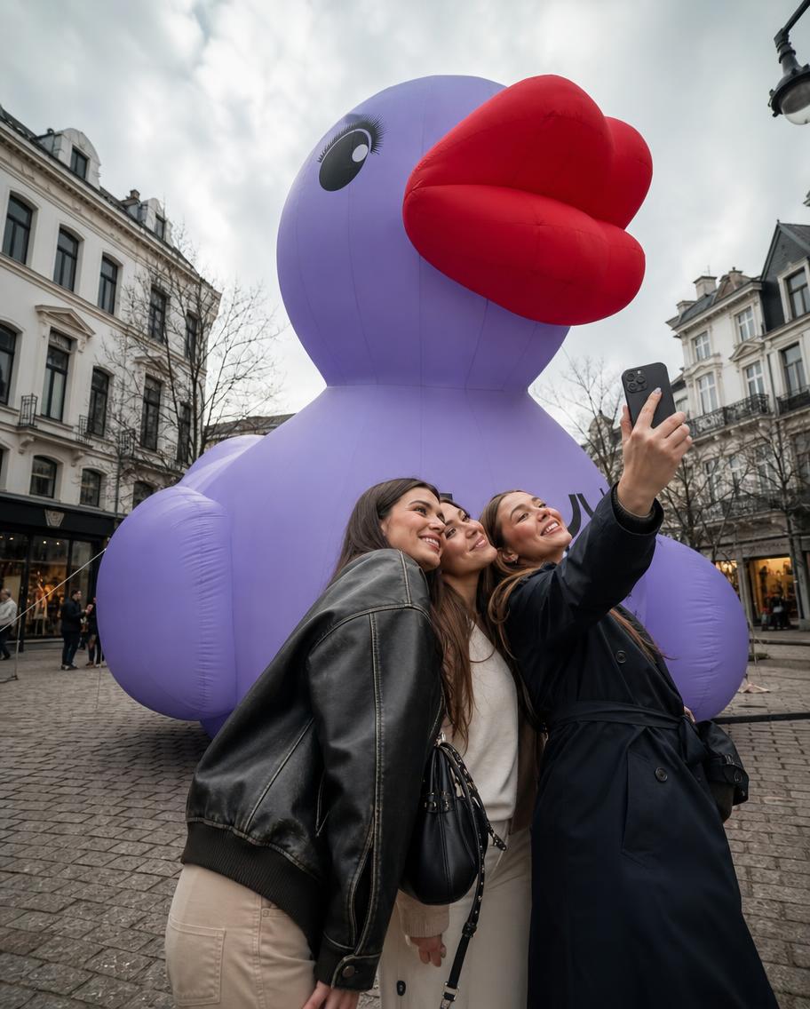 AI-generated low-angle visual of two people taking a selfie with the NYX duck