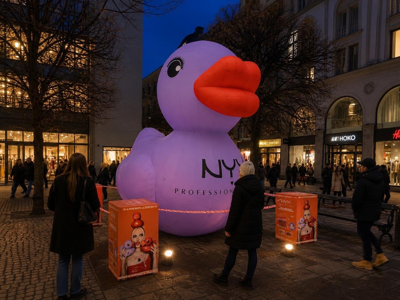 AI-generated night visual of the giant NYX duck inflatable lit on a shopping street, with people stopping to look