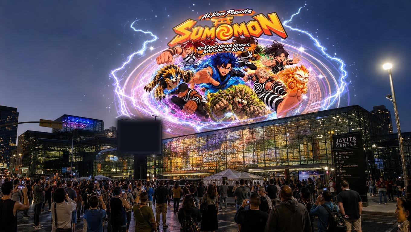 Visual of the SUMOMON portal opening in the sky above the Javits Center, with a crowd filming it