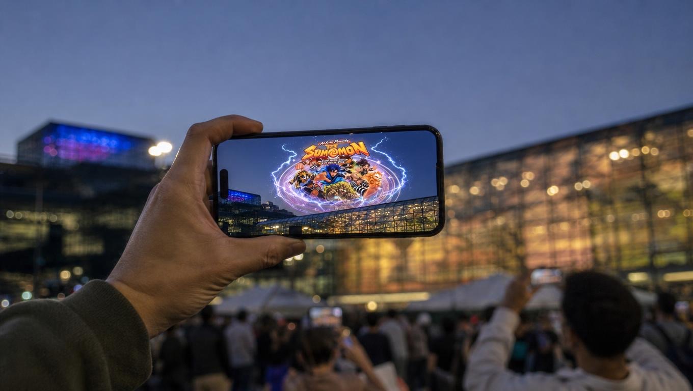 AI-generated visual: a phone held up at the Javits Center showing the SUMOMON portal above the building