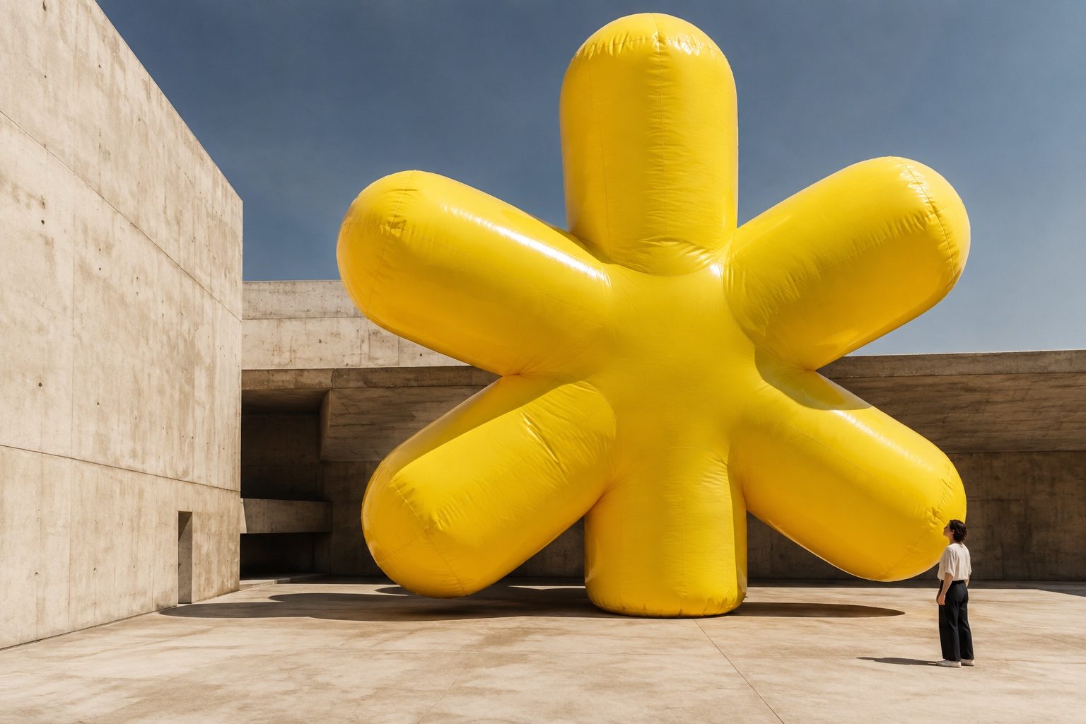 Yellow inflatable sculpture against concrete