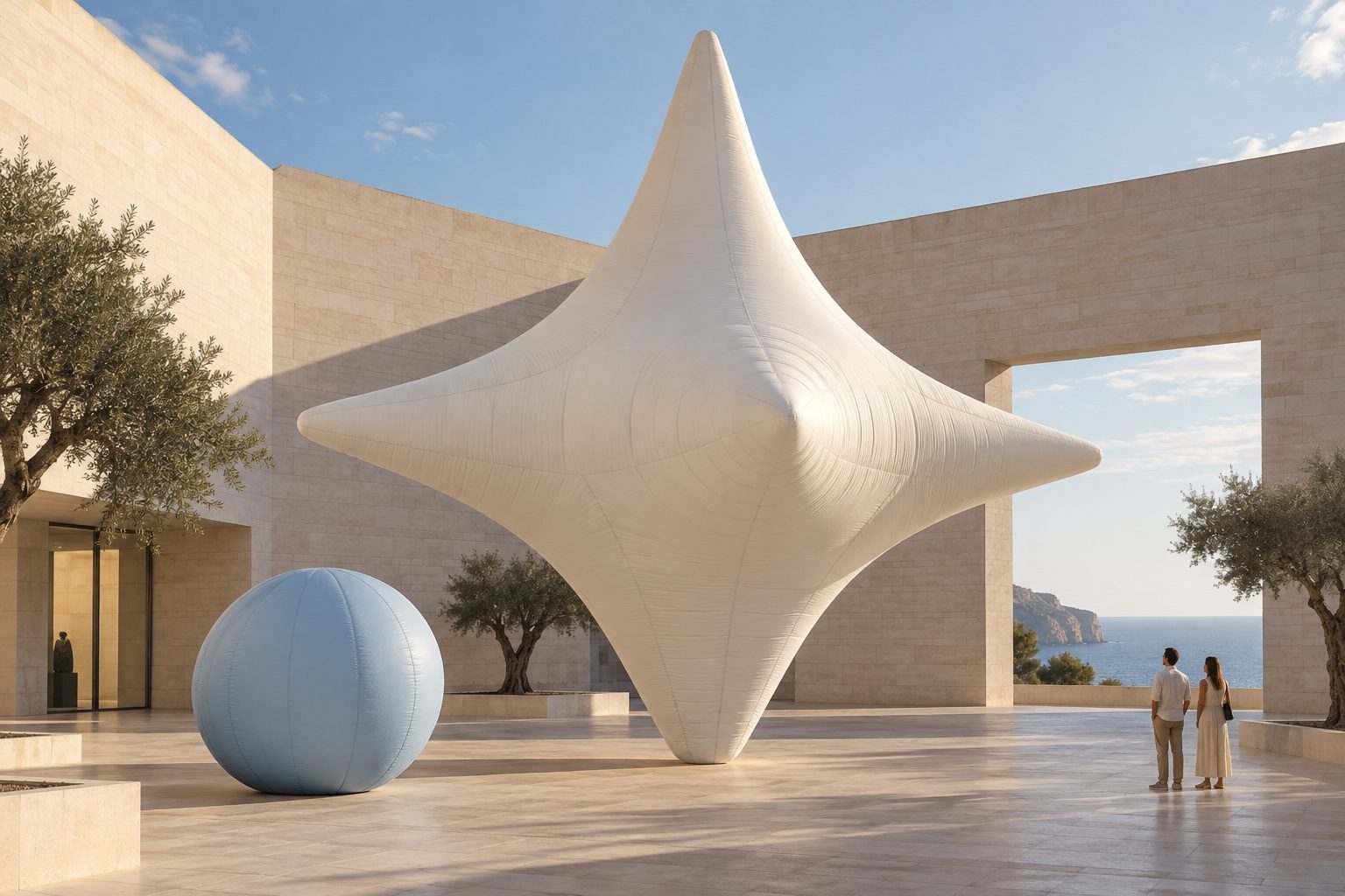 Monumental cream inflatable star in a courtyard