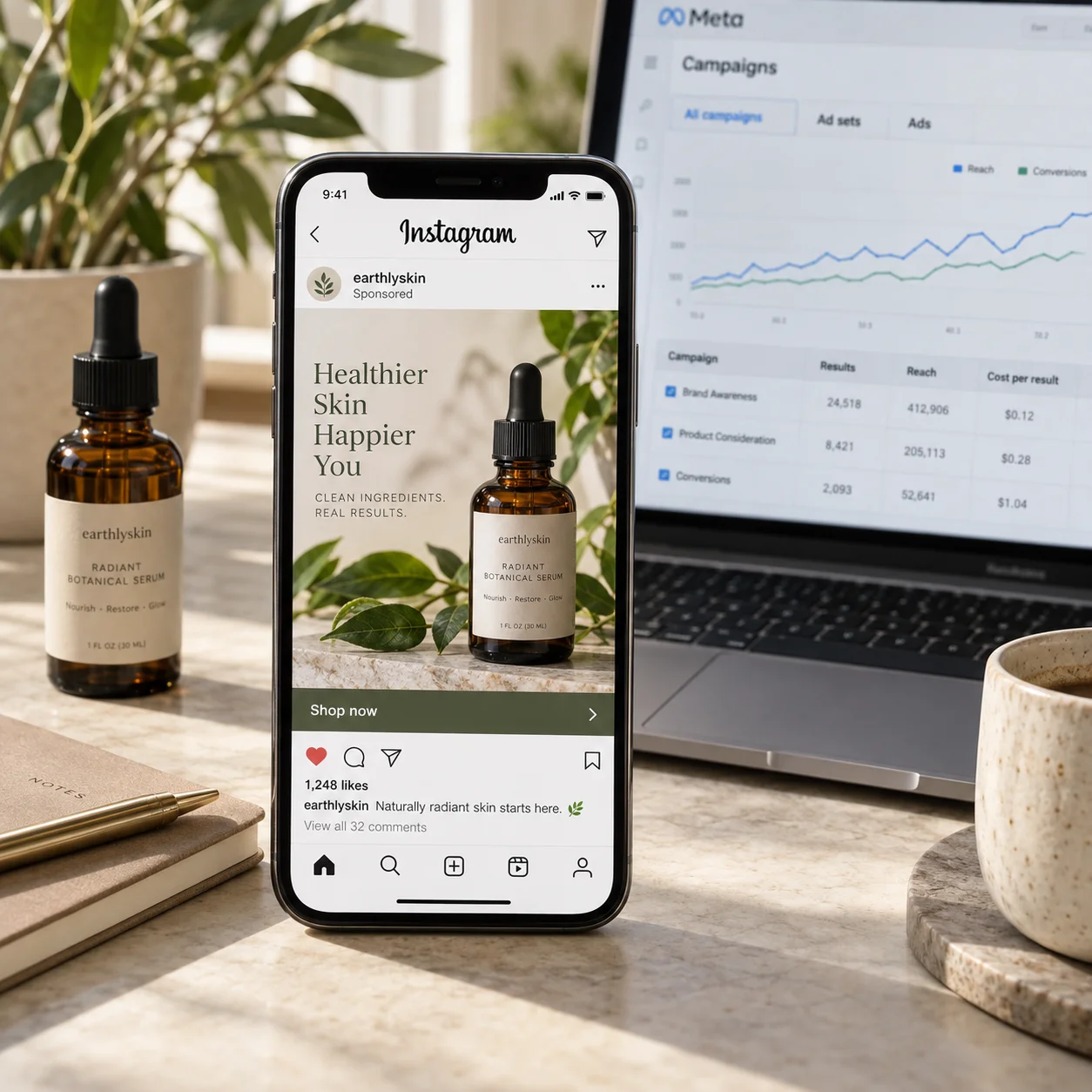 Sponsored social ad and campaign dashboard — illustrative AI-generated concept