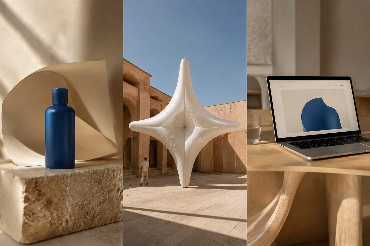 Laptop on a wooden desk showing a minimal product website